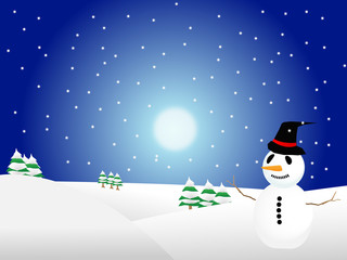 Illustration of a snowman in a white landscape.