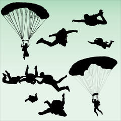 parachutists silhouette collection - vector - obrazy, fototapety, plakaty