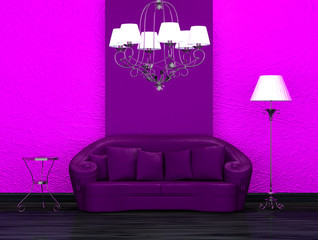 Purple sofa with table, stand lamp and luxury chandelier