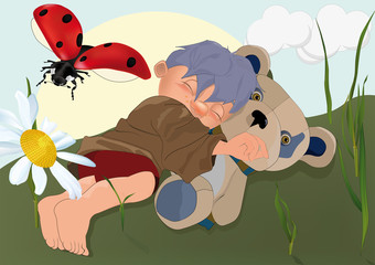 the sleeping boy and toy bear