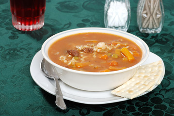 beef barley soup with a drink