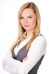 Confident young woman in business suit smiling