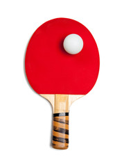 A red ping pong paddle with ball on white