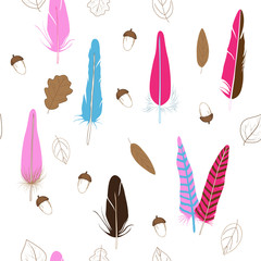 Vector, seamless backgroung with feathers and acorns