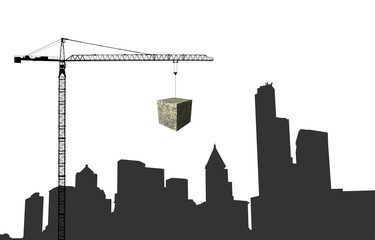 Crane with dollar cube and Seattle skyline illustration