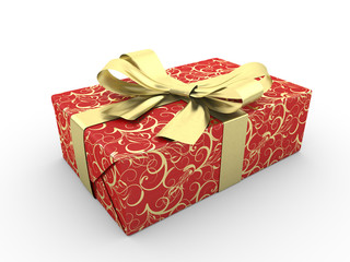 Red gift box fancy bow (gold stripe with stars on red)