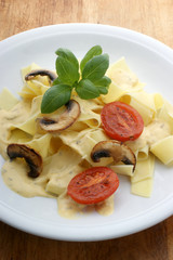 home made tagliatelle with organic tomato on a plate