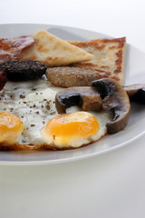 irish breakfast on a white plate with egg