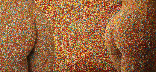 a beautiful womans figure covered in 100s and 1000s.