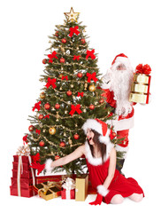 Christmas girl, santa clause and fir tree with gift box group.