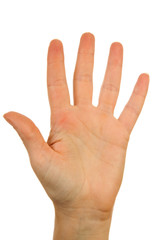 Hand is counting number 5 over white background