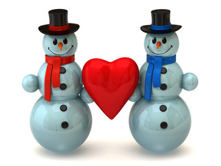 snowmen  holding red heart