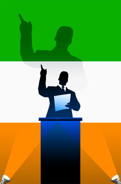 Ireland flag with political speaker behind a podium