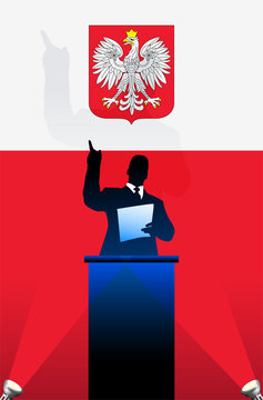 Poland flag with political speaker behind a podium
