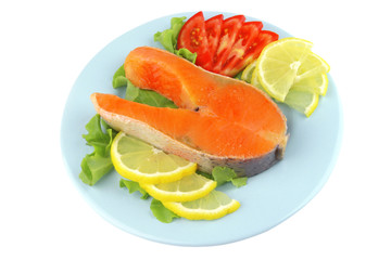 salmon steak on blue dish