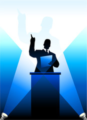 Business/political speaker silhouette behind a podium