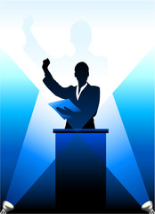 Business/political speaker silhouette behind a podium