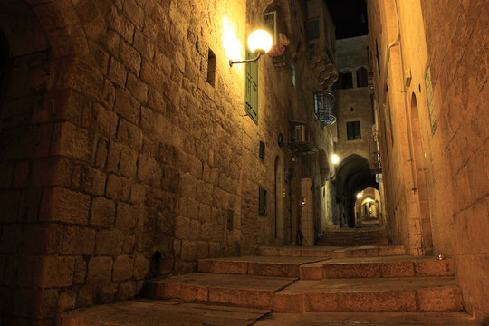 An Alley In The Old City Of Jerusalem At Night, Israel.