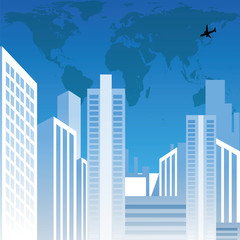 Fototapeta premium view of cityscape with buildings, world map and airplane