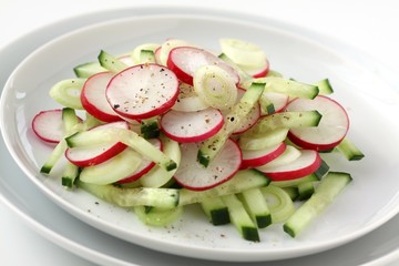 salat mit radieschen, gurken und frühlingszwiebeln