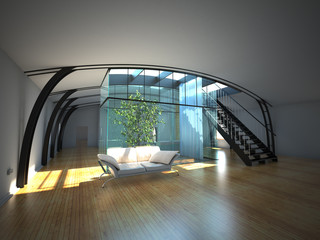 Modern empty interior with plant and sofa