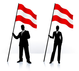 Business silhouettes with waving flag of Austria