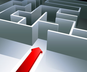 Red arrow begins to enter inside a maze