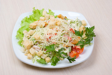 salad with cheese and zwieback close up