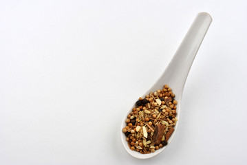 indian spice mix on a white spoon
