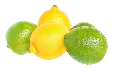 Fresh limes and lemons on a white background.