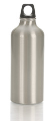 metal water bottle with reflection on white background
