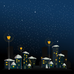 cute winter background with illustrated city in the night