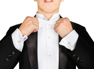 man wearing tuxedo torso only isolated on white