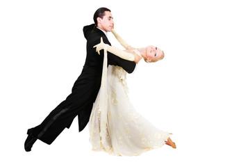 young couple dancing over white