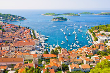 Nice view of port on Hvar island in Croatia - obrazy, fototapety, plakaty