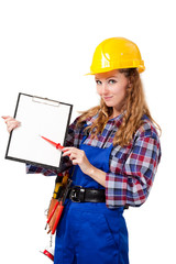 female construction worker isolated on white background
