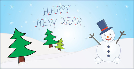 new year greeting card with trees and snowman