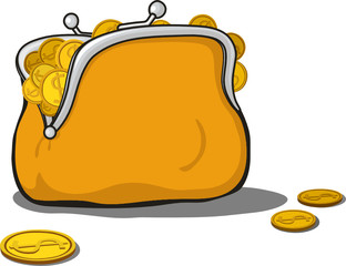 orange purse full of gold coins