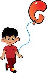 Happy little boy with balloon in the shape of the letter 