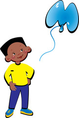 Funny little boy with balloon in the shape of the letter 