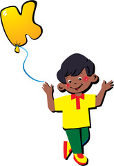 Funny little boy with balloon in the shape of the letter 