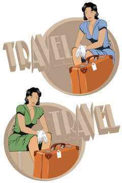 Template of a theme of travel - the girl on suitcases