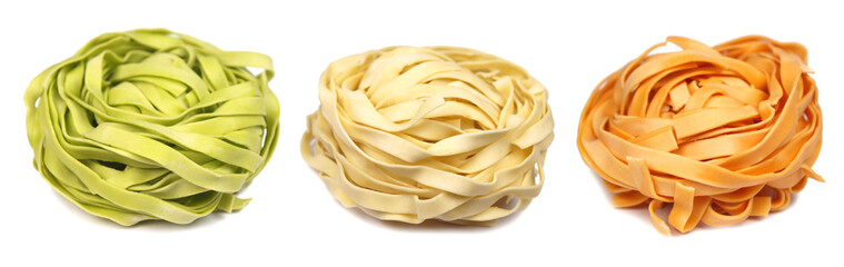 Obraz premium Collection of colored pasta knobs isolated on white