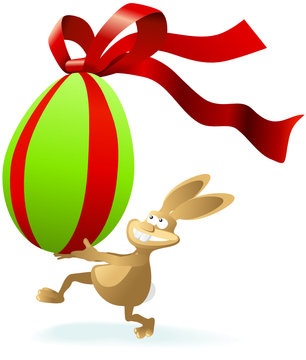 rennender Cartoon Osterhase mit Riesenei mit Schleife