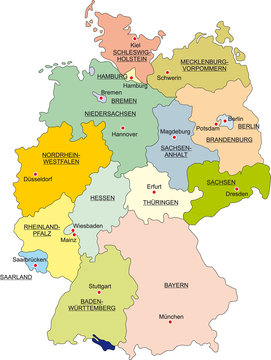 Bundesrepublik Deutschland, Bundesländer farbig, Hauptstädte