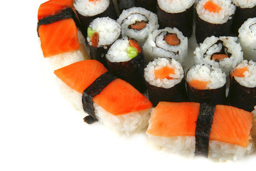 mixed sushi types on white