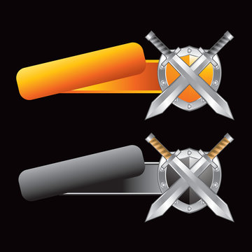 crossed swords and shield orange and gray tilted banners
