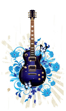 Floral abstract with guitar on a white background