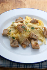 home made tagliatelle with organic chicken on a plate