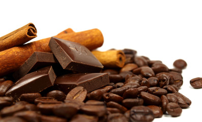 Coffee beans with cinnamon and chocolate